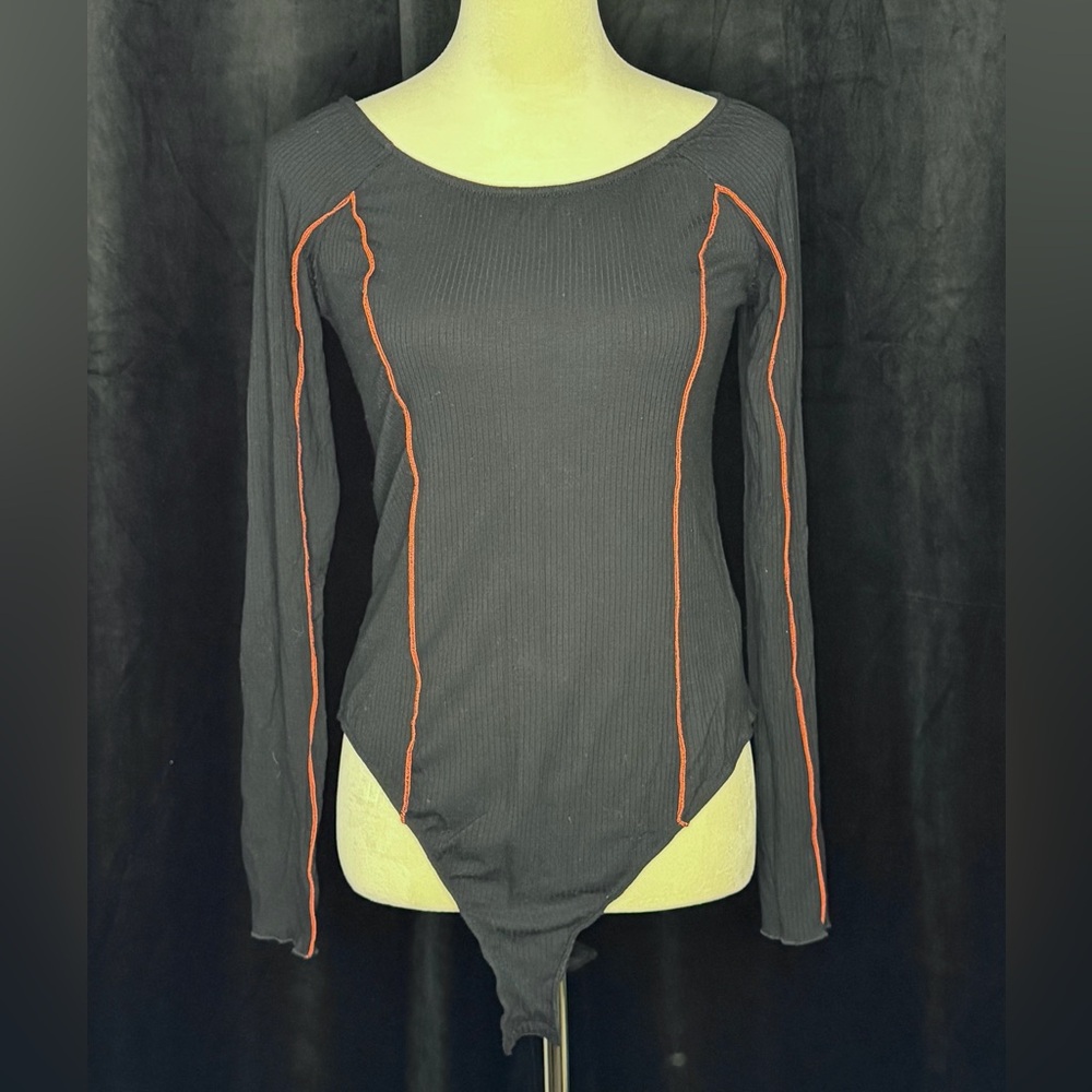 Free People Black Long Sleeve Bodysuit with Red Accents - NWT